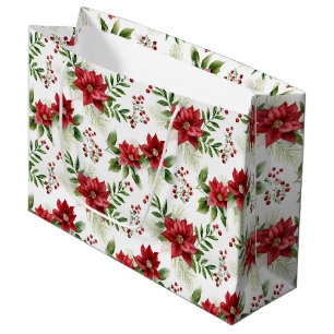 Pretty Poinsettias and Christmas Holly Large Gift Bag