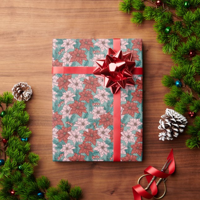 Pretty Poinsettias Floral Pattern Christmas Wrapping Paper (Holiday Gift)