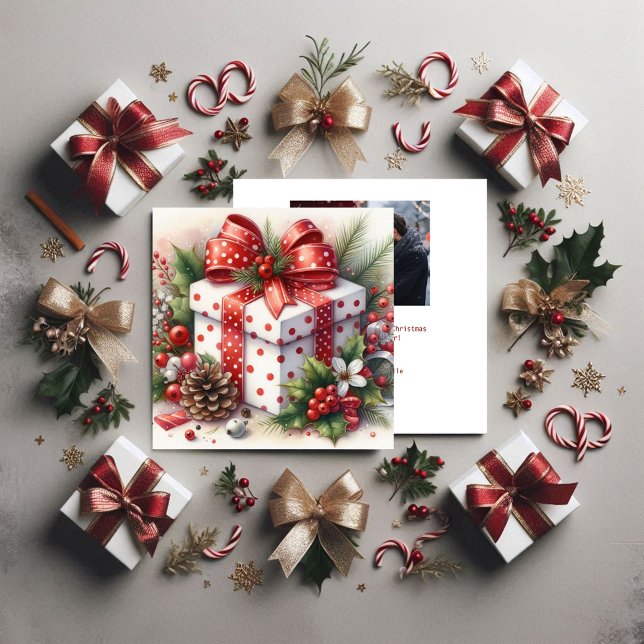 Pretty Polka Dot Coquette Bow and Holly Holiday Card (Creator Uploaded)