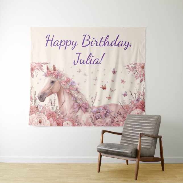 Pretty Ponies and Petals Horse Birthday Banner Tapestry (In Situ (Horizontal))