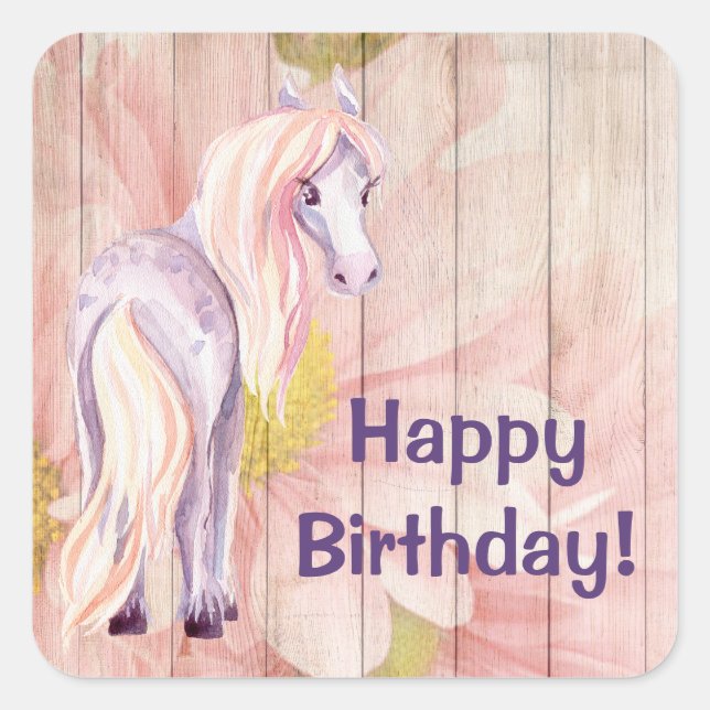 Pretty Pony and Daisies Barn Wood Horse Birthday Square Sticker (Front)
