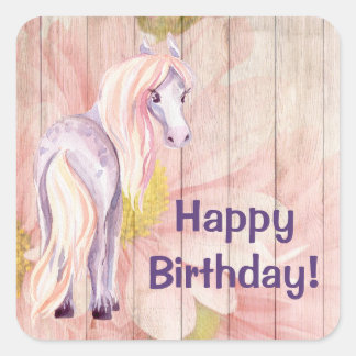 Pretty Pony and Daisies Barn Wood Horse Birthday Square Sticker