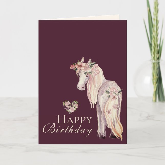 Pretty Pony and Flowers Horse Happy Birthday Card (Front)