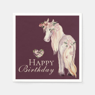 Pretty Pony and Flowers Horse Happy Birthday Napkin