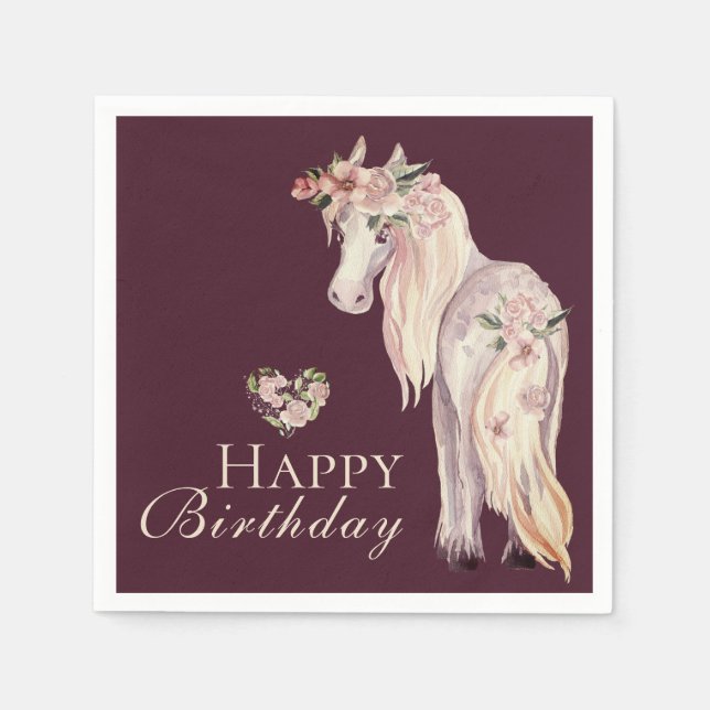 Pretty Pony and Flowers Horse Happy Birthday Napkin (Front)