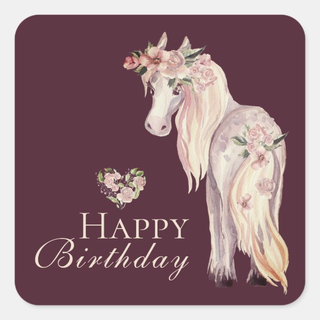 Pretty Pony and Flowers Horse Happy Birthday Square Sticker (Front)