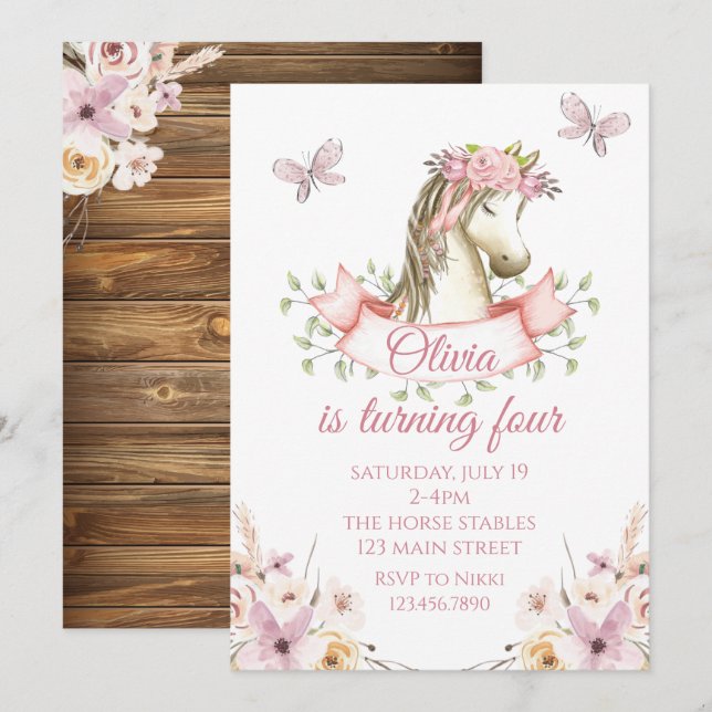 Pretty pony birthday invitation floral boho horse (Front/Back)