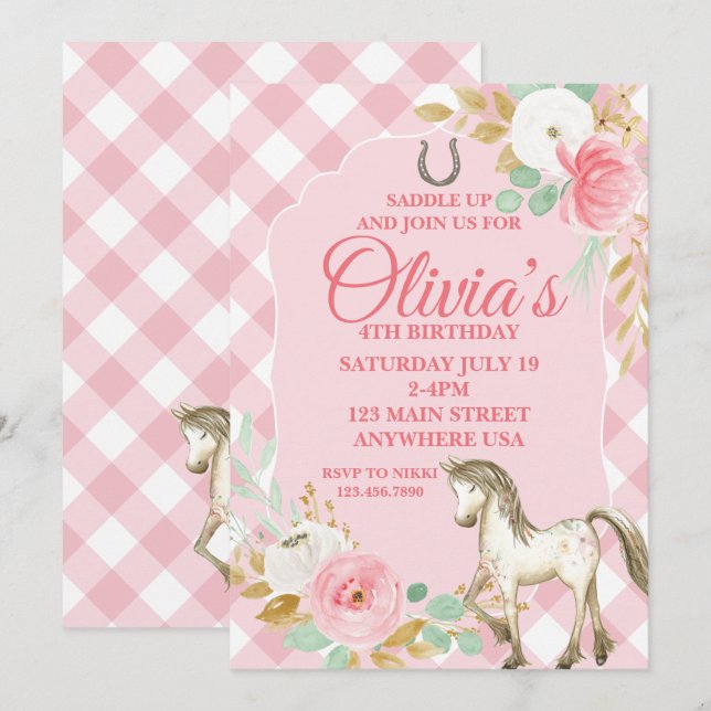 Pretty pony birthday invitation floral boho horse (Front/Back)