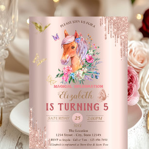 Pretty Pony Butterflies Rose Gold Drips Birthday Invitation