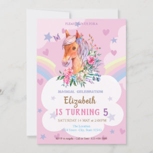 Pretty Pony Rainbow Stars Hearts Birthday Invitation