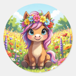 Pretty Pony with Flowers Classic Round Sticker