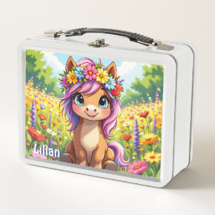 Pretty Pony with Flowers Personalised Metal Lunch Box