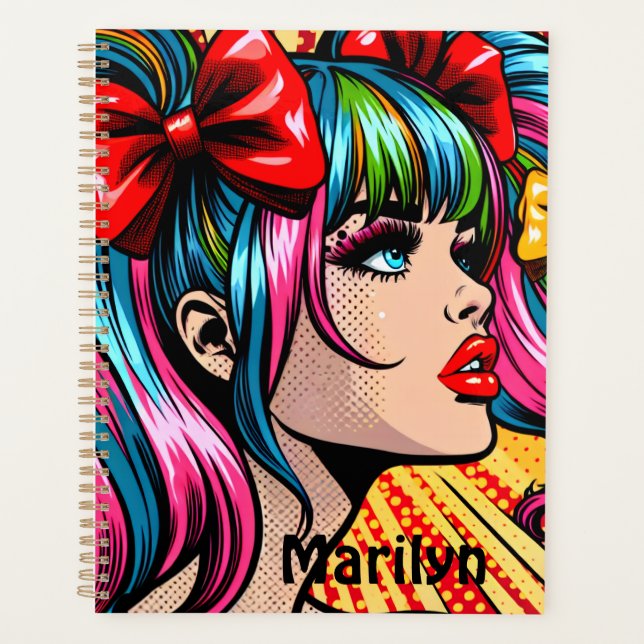 Pretty Pop Art Comic Girl Colourful Personalised Planner (Front)