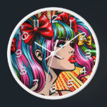 Pretty Pop Art Comic Girl with Bows Clock<br><div class="desc">Colourful cute pop art comic style girl with pigtails and bows in her hair.</div>