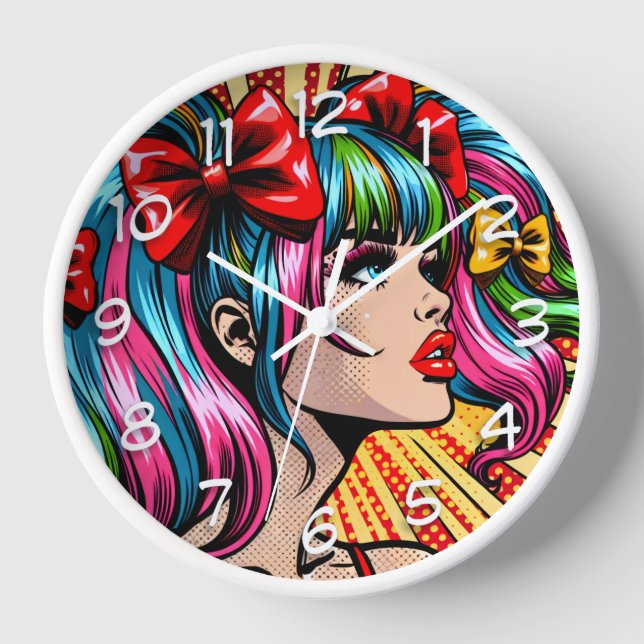 Pretty Pop Art Comic Girl with Bows Clock (Front)