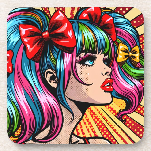 Pretty Pop Art Comic Girl with Bows Coaster (Front)