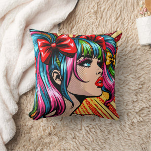 Pretty Pop Art Comic Girl with Bows Cushion