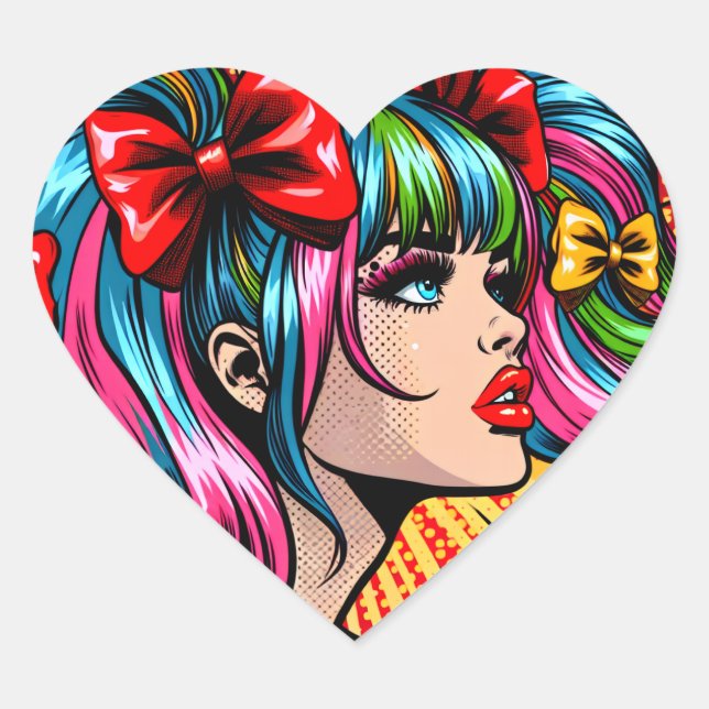 Pretty Pop Art Comic Girl with Bows Heart Sticker (Front)