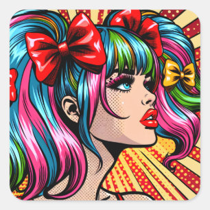 Pretty Pop Art Comic Girl with Bows Square Sticker