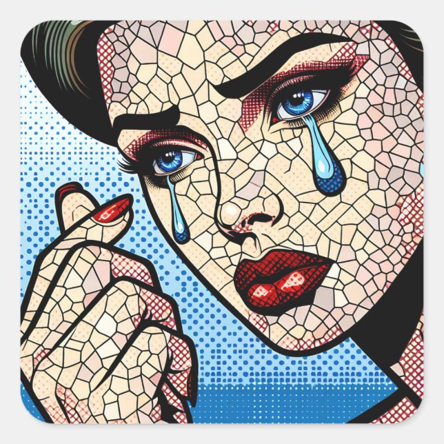 Pretty Pop art Comic Sad Woman with Tears Square Sticker (Front)