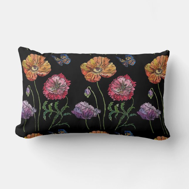 Pretty Poppies Black Watercolour Flowers Floral Cu Lumbar Cushion (Front)