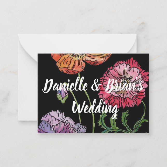 Pretty Poppies Black Wedding Invitation Flat Card (Front)