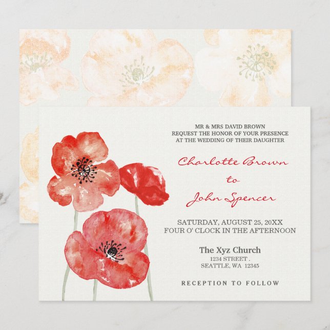 Pretty Poppies Modern floral wedding invites (Front/Back)