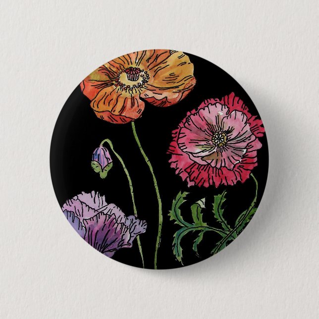 Pretty Poppies on Black Watercolour Painting 6 Cm Round Badge (Front)