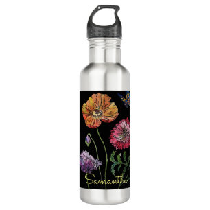 Pretty Poppies on Black Watercolour Painting 710 Ml Water Bottle
