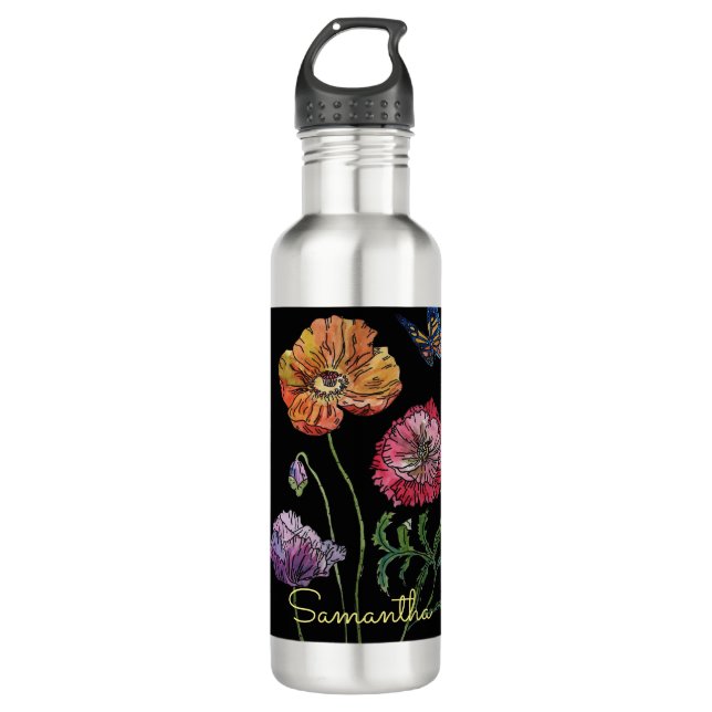 Pretty Poppies on Black Watercolour Painting 710 Ml Water Bottle (Front)