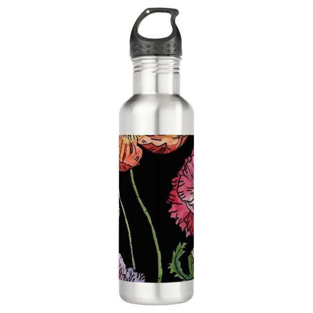 Pretty Poppies on Black Watercolour Painting 710 Ml Water Bottle (Front)