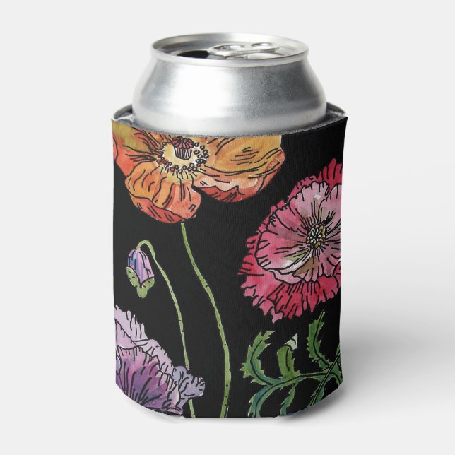 Pretty Poppies on Black Watercolour Painting Can Cooler (Can Front)