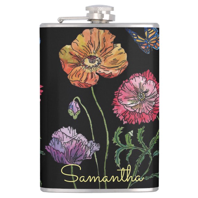 Pretty Poppies on Black Watercolour Painting Hip Flask (Front)