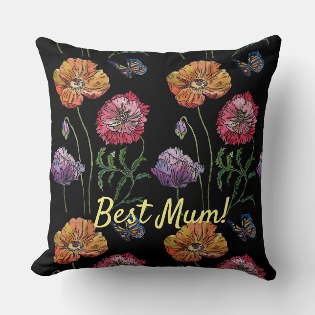 Pretty Poppies on Black Watercolour Painting Mom  Cushion (Front)