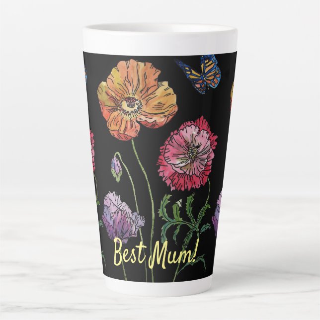 Pretty Poppies on Black Watercolour Painting Mom Latte Mug (Front)