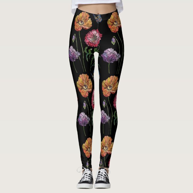 Pretty Poppies on Black Watercolour Painting Mom   Leggings (Front)