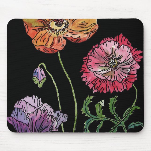 Pretty Poppies on Black Watercolour Painting Mouse Mat (Front)