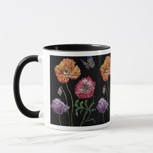 Pretty Poppies on Black Watercolour Painting Mug (Left)