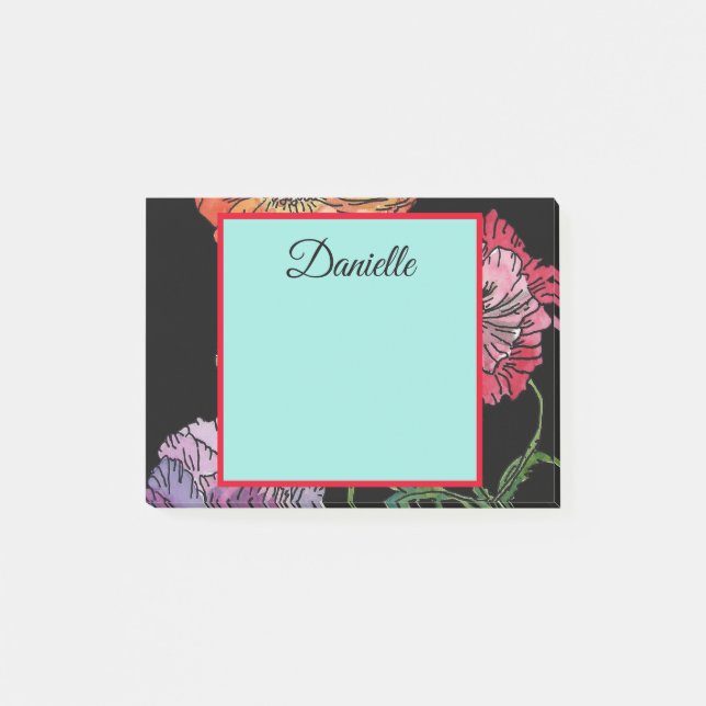 Pretty Poppies on Black Watercolour Painting Post-it Notes (Front)