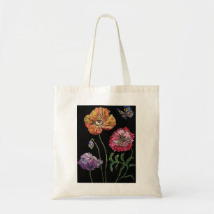 Pretty Poppies on Black Watercolour Painting Tote Bag
