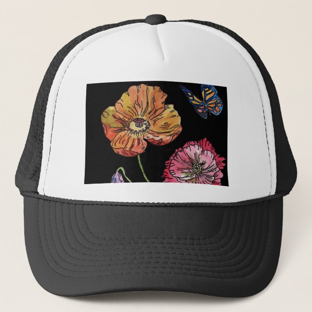 Pretty Poppies on Black Watercolour Painting Trucker Hat (Front)