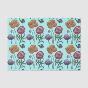 Pretty Poppy Flower Floral Aqua Pattern Watercolor Tissue Paper