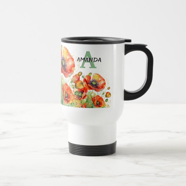 Pretty Poppy Flowers Monogrammed Red Poppies Travel Mug (Right)