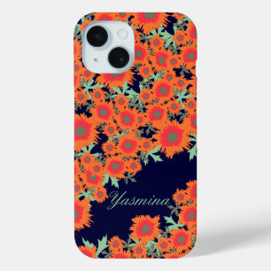 Pretty poppy orange blue damask name iPhone 15 case