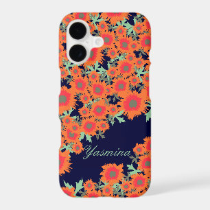 Pretty poppy orange blue damask name iphone case