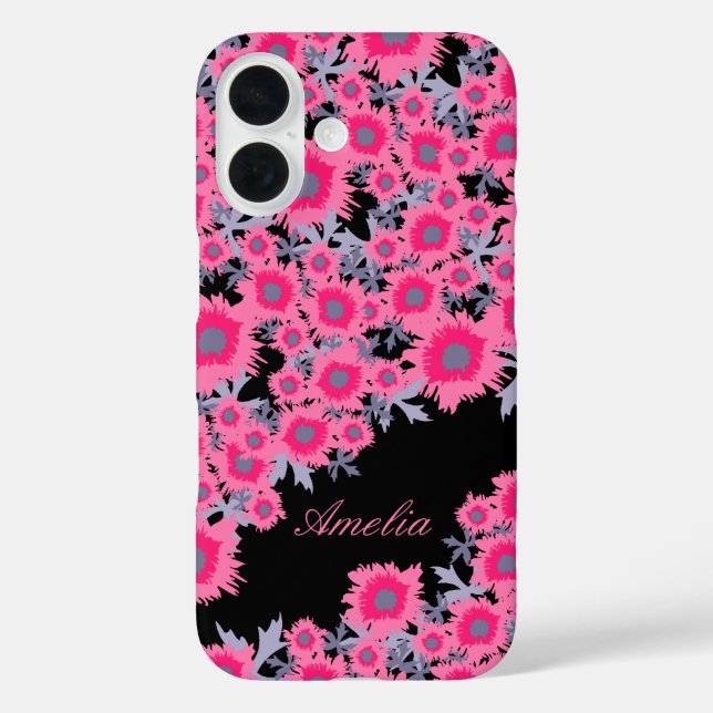 Pretty poppy pink black damask name iphone case (Back)
