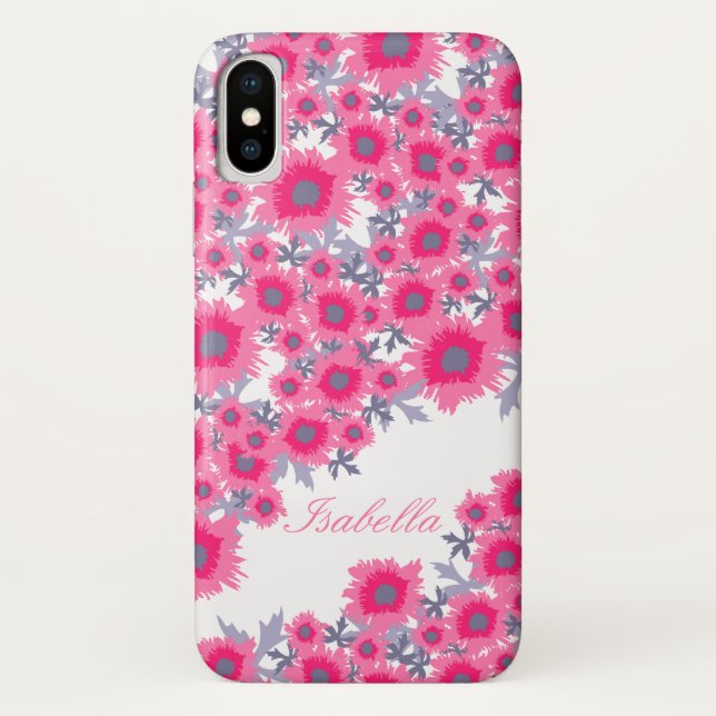 Pretty poppy pink white damask name iphone case (Back)