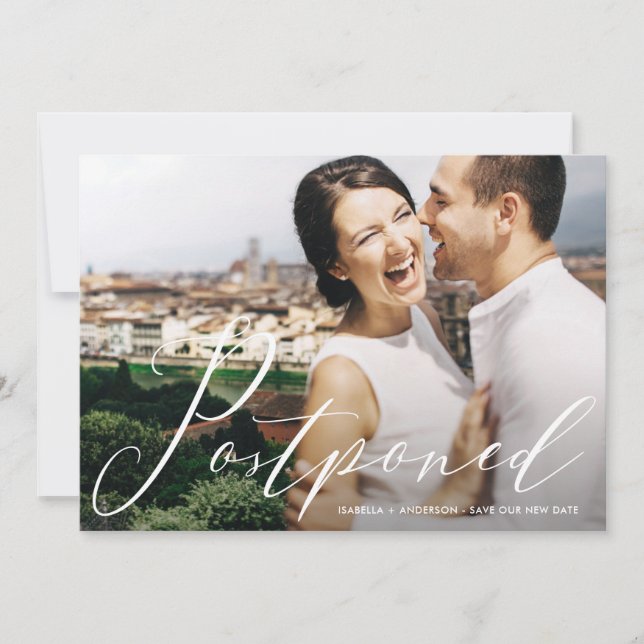 Pretty Postponed Typography Photo Wedding Save The Date (Front)