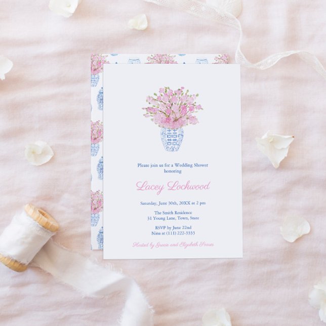 Pretty Preppy Pink Blue Chinoiserie Wedding Shower Invitation (Pretty Pink And Blue Ginger Jar Bridal Or Wedding Shower Invitation)