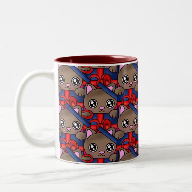 Pretty Present Cat in Gift Box with Bowtie Two-Tone Coffee Mug (Left)